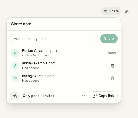 The Share control, separate link icon and sharing menu with invited recipients