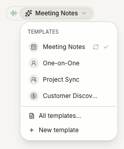 The note template menu with All templates and New template