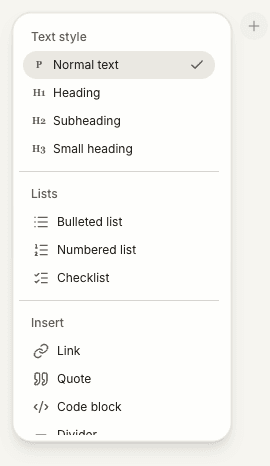 The plus button and formatting menu in the note editor