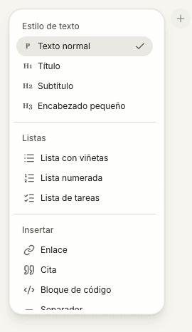 El botón de más y el menú de formato en el editor de notas