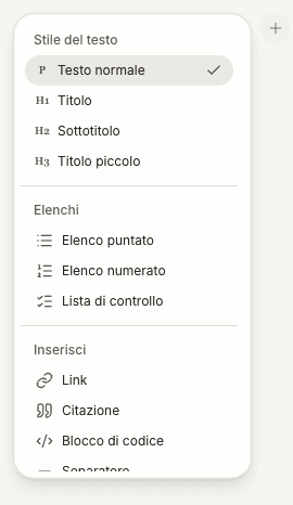 Il pulsante più e il menu di formattazione nell’editor delle note