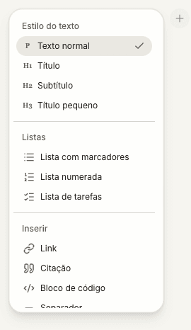 O botão de adição e o menu de formatação no editor de notas