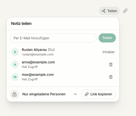 Die Schaltfläche „Teilen“, das separate Linksymbol und das Freigabemenü mit eingeladenen Empfängern