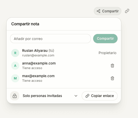 El control Compartir, el icono de enlace independiente y el menú de uso compartido con destinatarios invitados
