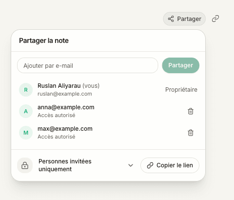 La commande Partager, l’icône de lien distincte et le menu de partage avec les destinataires invités