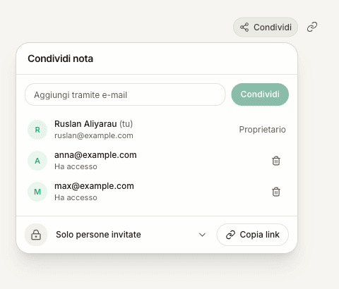 Il comando Condividi, l’icona del link separata e il menu di condivisione con i destinatari invitati