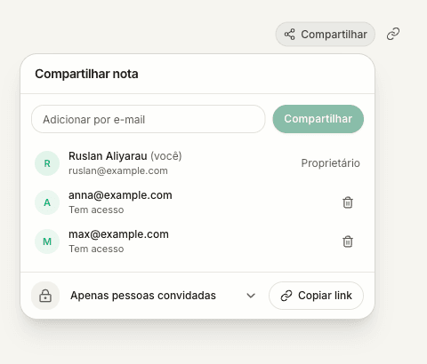 O controle Compartilhar, o ícone de link separado e o menu de compartilhamento com destinatários convidados