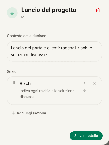 I campi di un modello personalizzato: Lancio del progetto, contesto della riunione, istruzione per Rischi e Salva modello