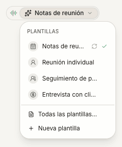 El menú de plantillas de notas con Todas las plantillas y Nueva plantilla