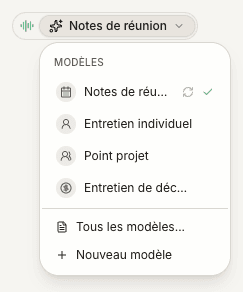 Le menu des modèles de notes avec Tous les modèles et Nouveau modèle
