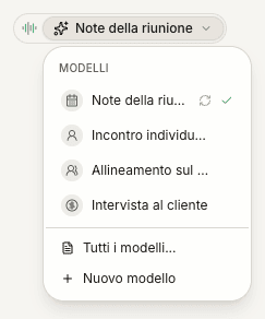 Il menu dei modelli di nota con Tutti i modelli e Nuovo modello